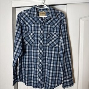 Wrangler Western Blue Plaid Pearl Snap Long Sleeve Pockets Large Men's Shirt